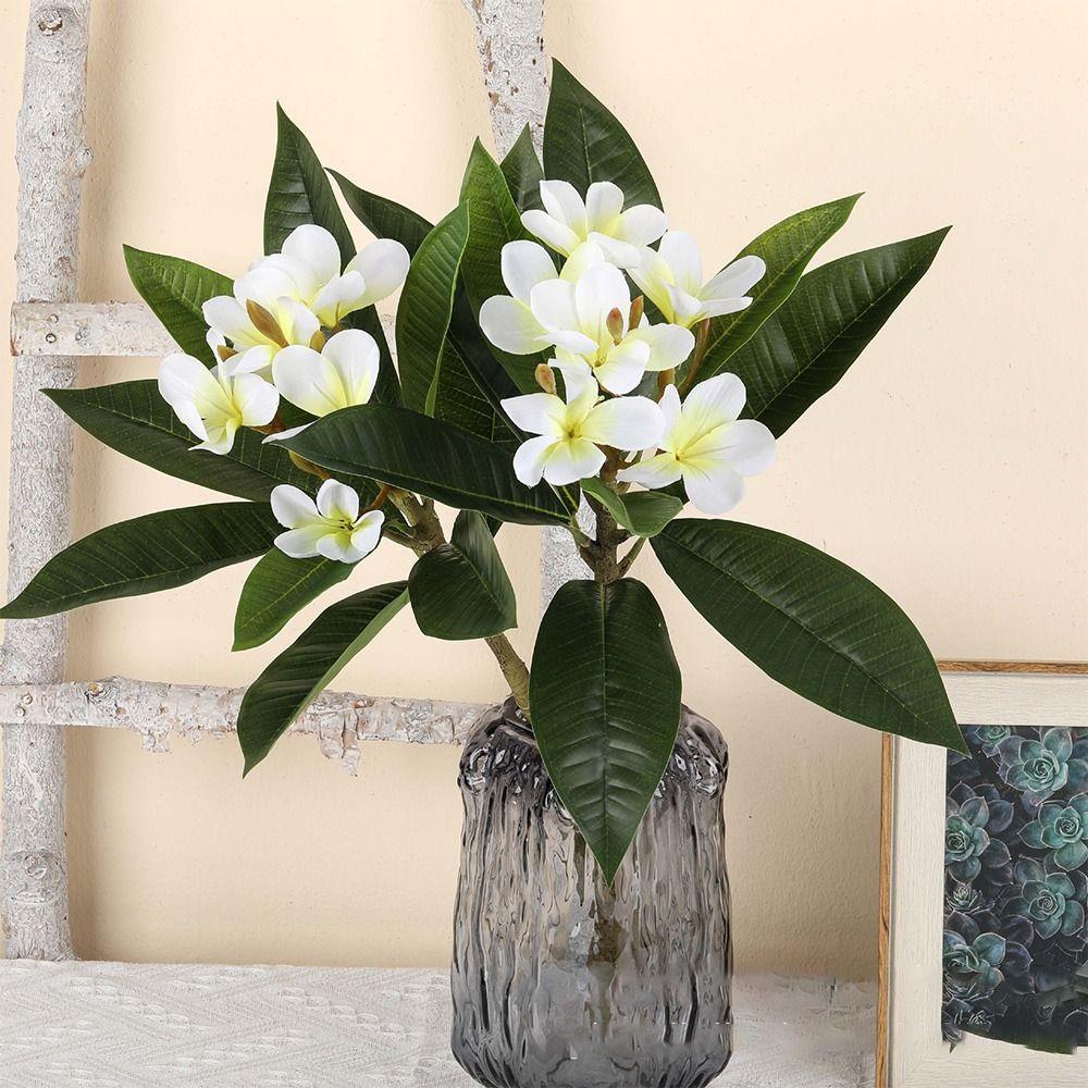 Real Touch Artificial Plumeria Flowers DIY with Green Leaves Simulation Frangipani Branch Multicolor Photo Props