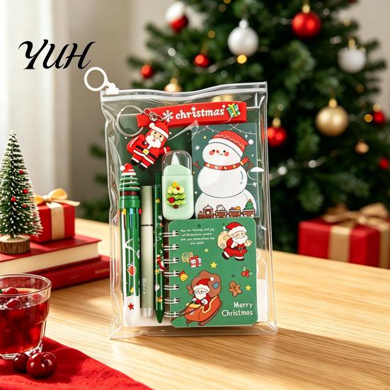 Festive Santa Stationery Christmas Set for Kids, Claus Snowman Writing Pens And Erasers Patterns Print, Holiday School Supplies Students Practical