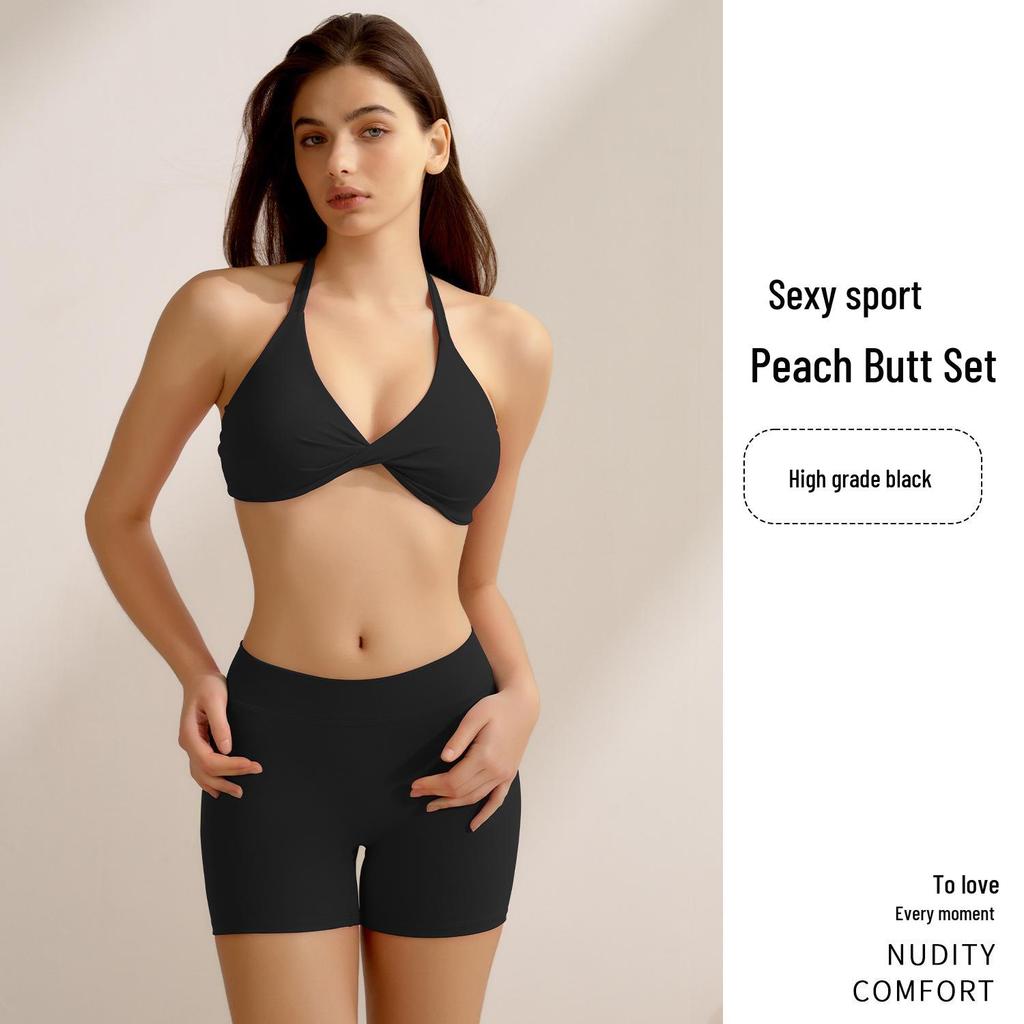 Женский персиковый комплект для йоги с эффектом подтяжки бедер: Спортивный комплект из двух частей: брюки три четверти с перекрестными лямками на спине.