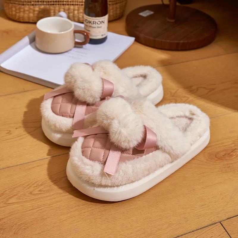 Женские зимние теплые короткие плюшевые домашние тапочки, женские мягкие домашние тапочки с толстой подошвой, женские нескользящие домашние тапочки из хлопка на плоской подошве