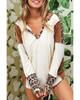 White Leopard Color Block Patchwork Split Neck Long Sleeve Top