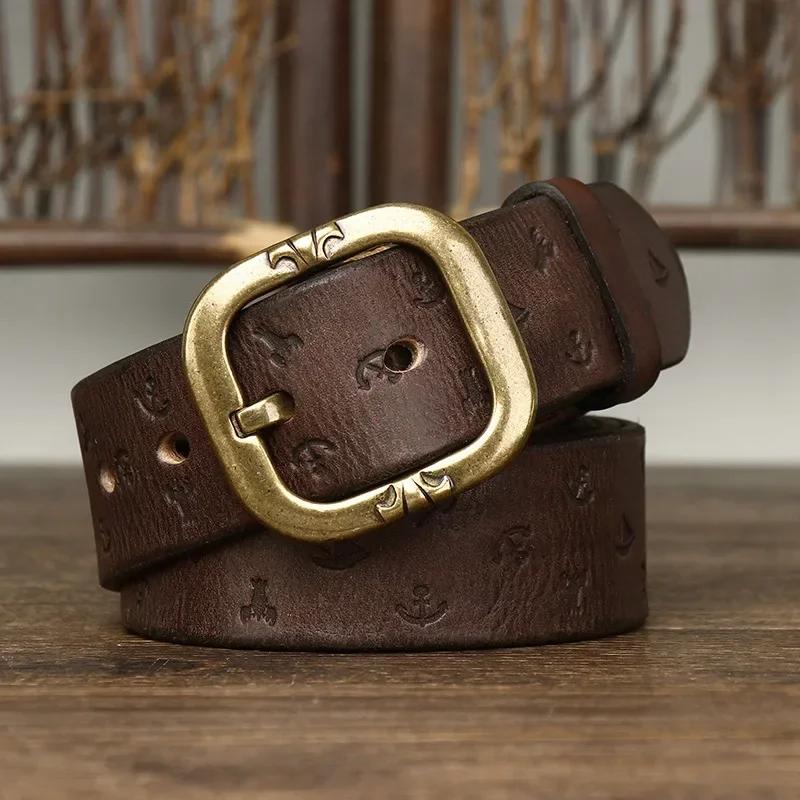 3.8CM Pure Cowhide High Quality Genuine Leather Belts for Men Embossing Strap Male Copper Buckle Luxury Designer Jeans Cowboy