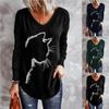 Cat Print T Shirt Vintage Black Blue Green Plus Size Tees Long Sleeve Loose Top Women Autumn V Neck Tshirts
