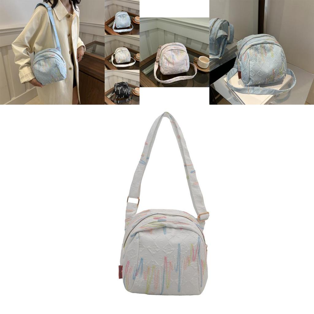 Large Capacity Trendy Canvas Shoulder Bag For Stylish Girls With Round Shape Design In Black White Blue And Pink