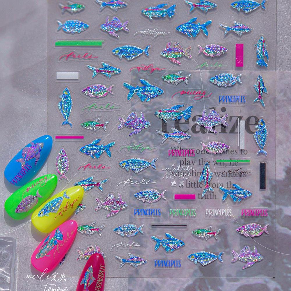 1pcs Ocean Marine Life Jellyfish Dolphin Shell Starfish Frangipani Ocean 5D Nail Art Stickers Embossed Nail Decals