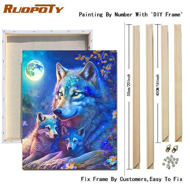 RUOPOTY Diy Painting By Numbers Kit Frame Wolf Animals Moon Night Picture Coloring By Numbers For Adults Handicrafts Home Decor