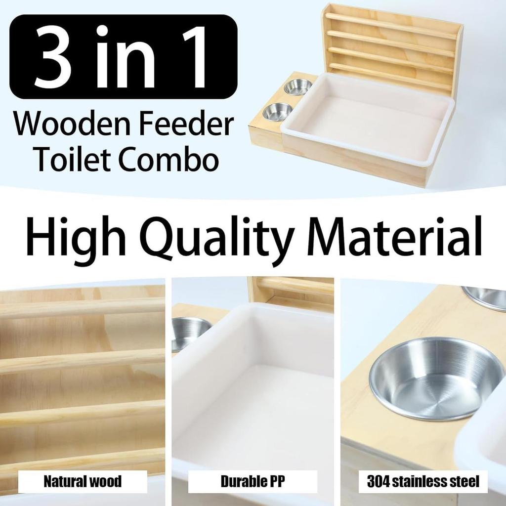 3 in 1 Rabbit Hay Feeder with Litter Box, Wooden Bowls for Guinea Pig Chinchilla