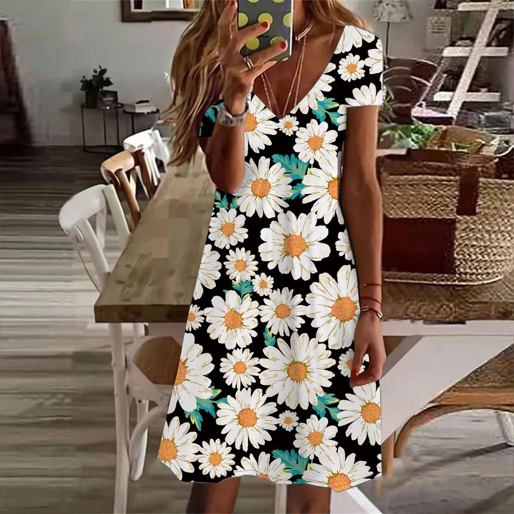 Летняя мода женские V-образный вырез короткий рукав подсолнечник принт платье сексуальные короткие юбки платья