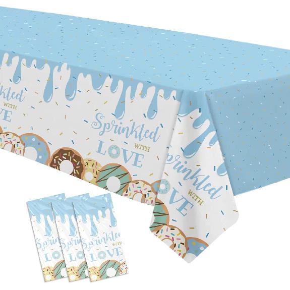 Donut Baby Sprinkle Decorations Boy Tablecloth - Sprinkled with Love Baby Shower Decorations Party Supplies Table Cover, Blue Donut Baby Shower