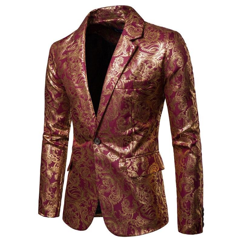 Men Blazer Slim Fit One Button Men Jacket Gold Print Groom Wedding Dress Suit Stage Club Party Casual Formal Blazers