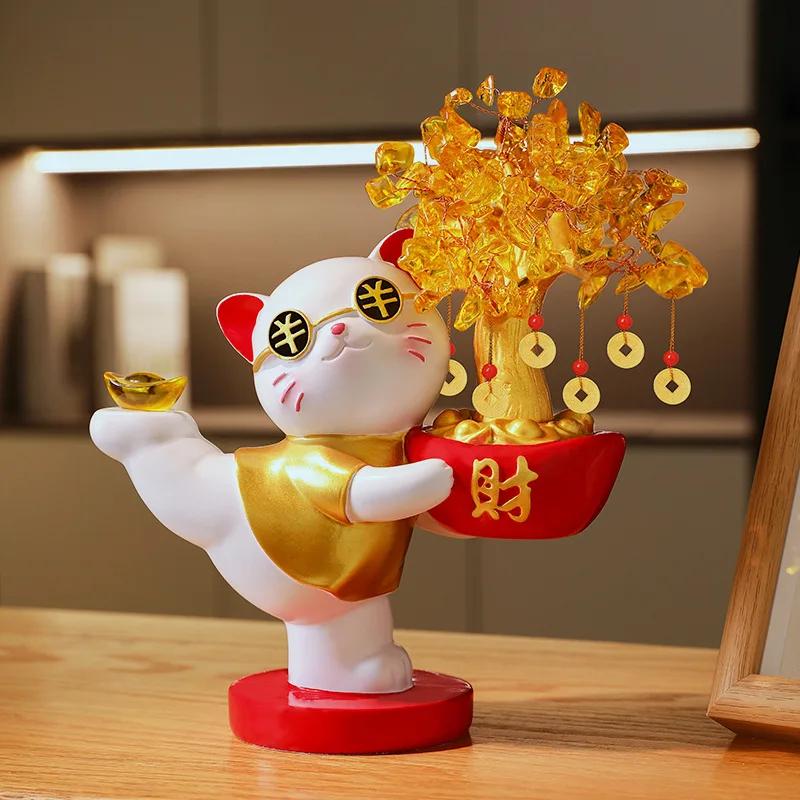 BEPAN Fortune Cat Crystal Fortune Tree Decoration Gift for High end New House Relocation Gift