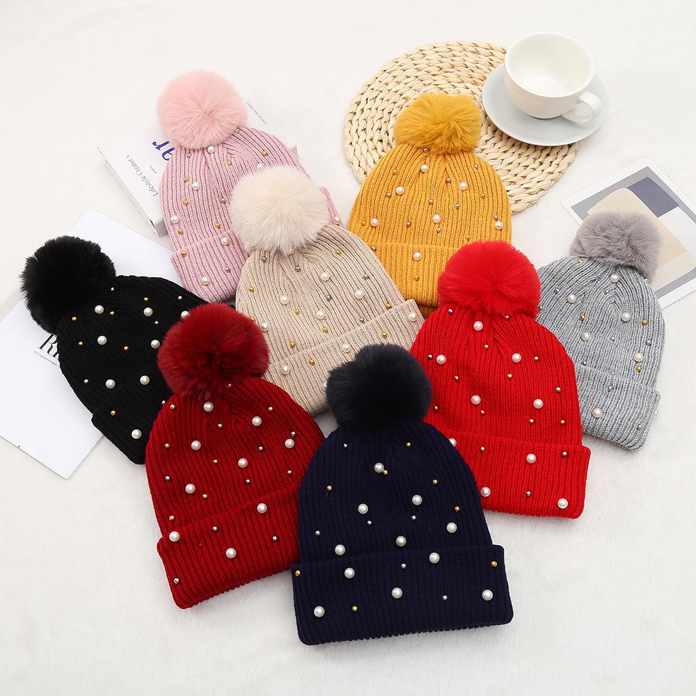 Korean Winter Pearl Rivet Pom Pom Woolen Hat for Women
