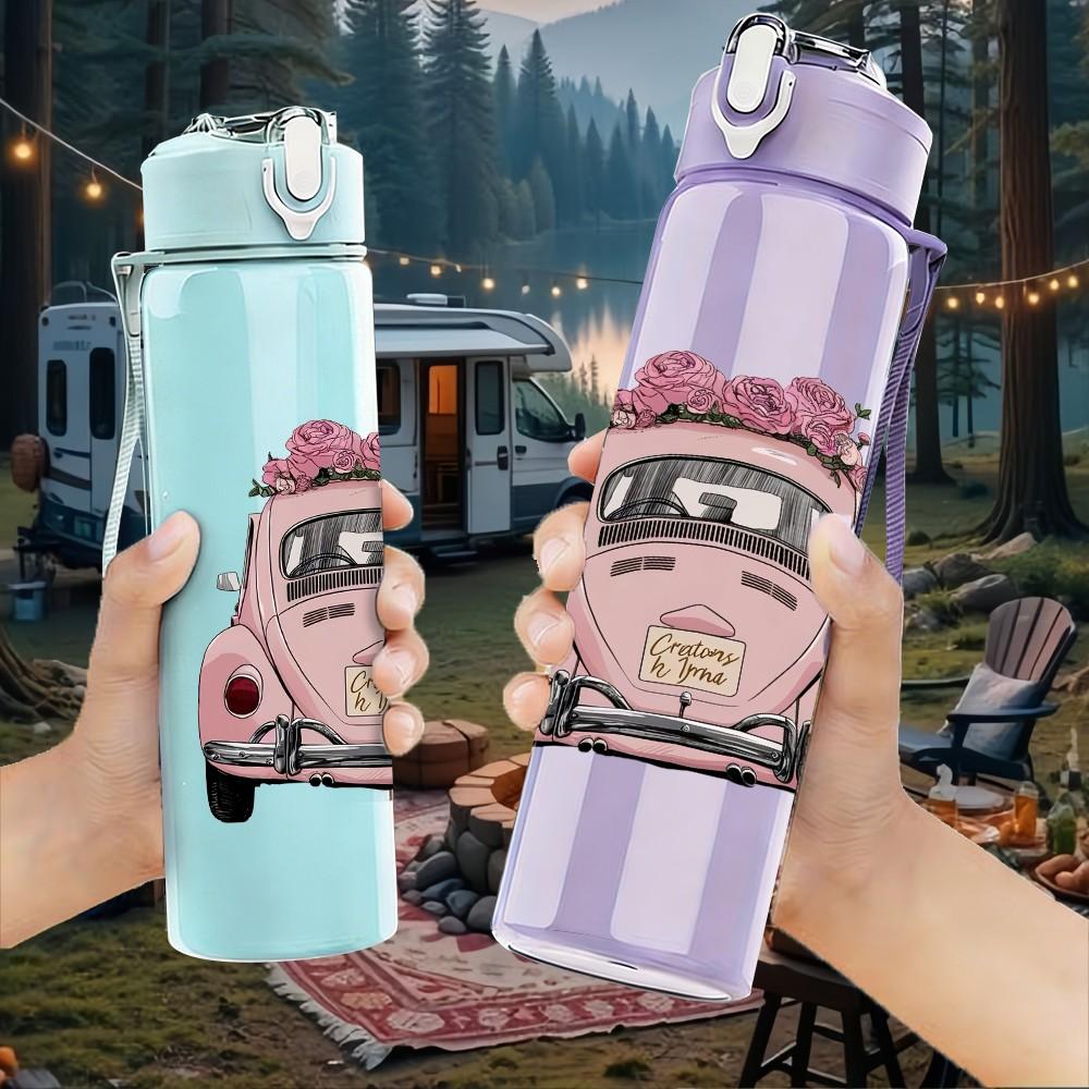 1PC Pink Car Vintage Retro Pattern 750ml Color Plastic Sports Water Bottle Leakproof Flip Straw Lid Suitable for Sports Office Home Use