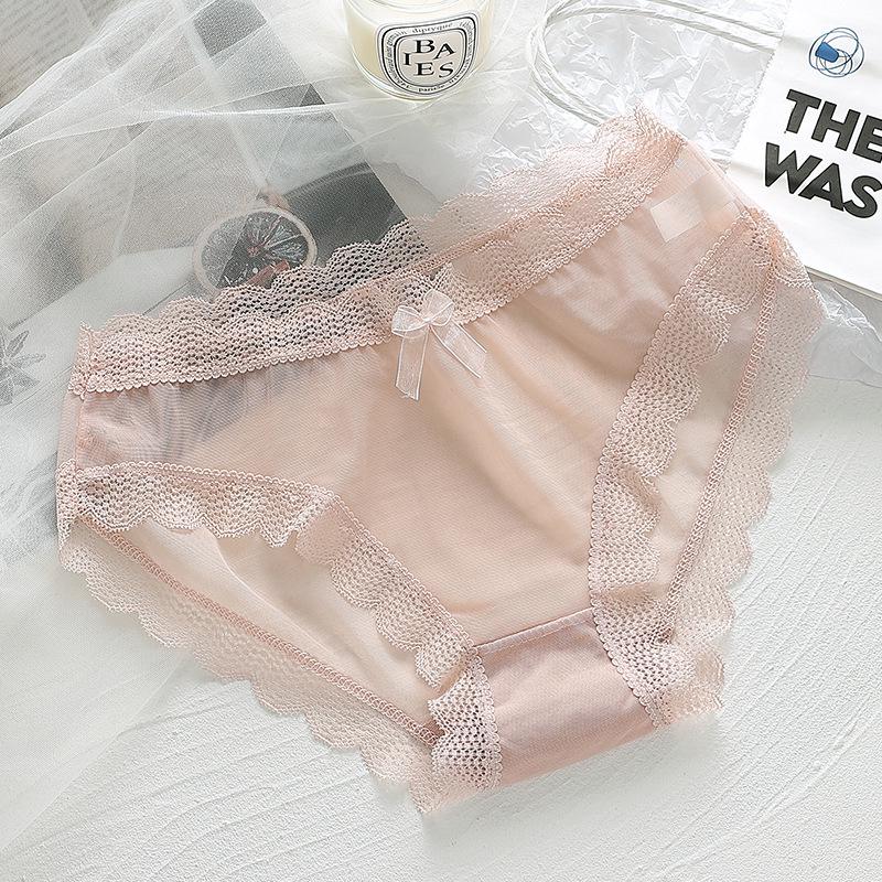 Женские бесшовные сексуальные сетчатые трусики с кружевной отделкой и бантиком