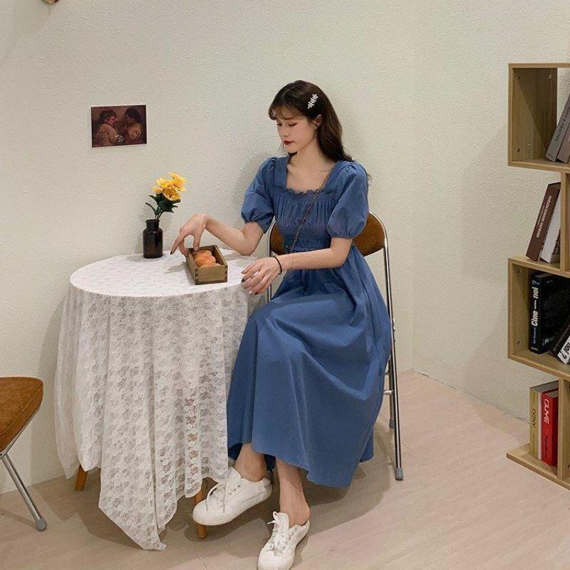 Летние платья Ретро французские платья длиной до колена, с квадратным вырезом и рукавами-пузырьками, с квадратным вырезом и талией