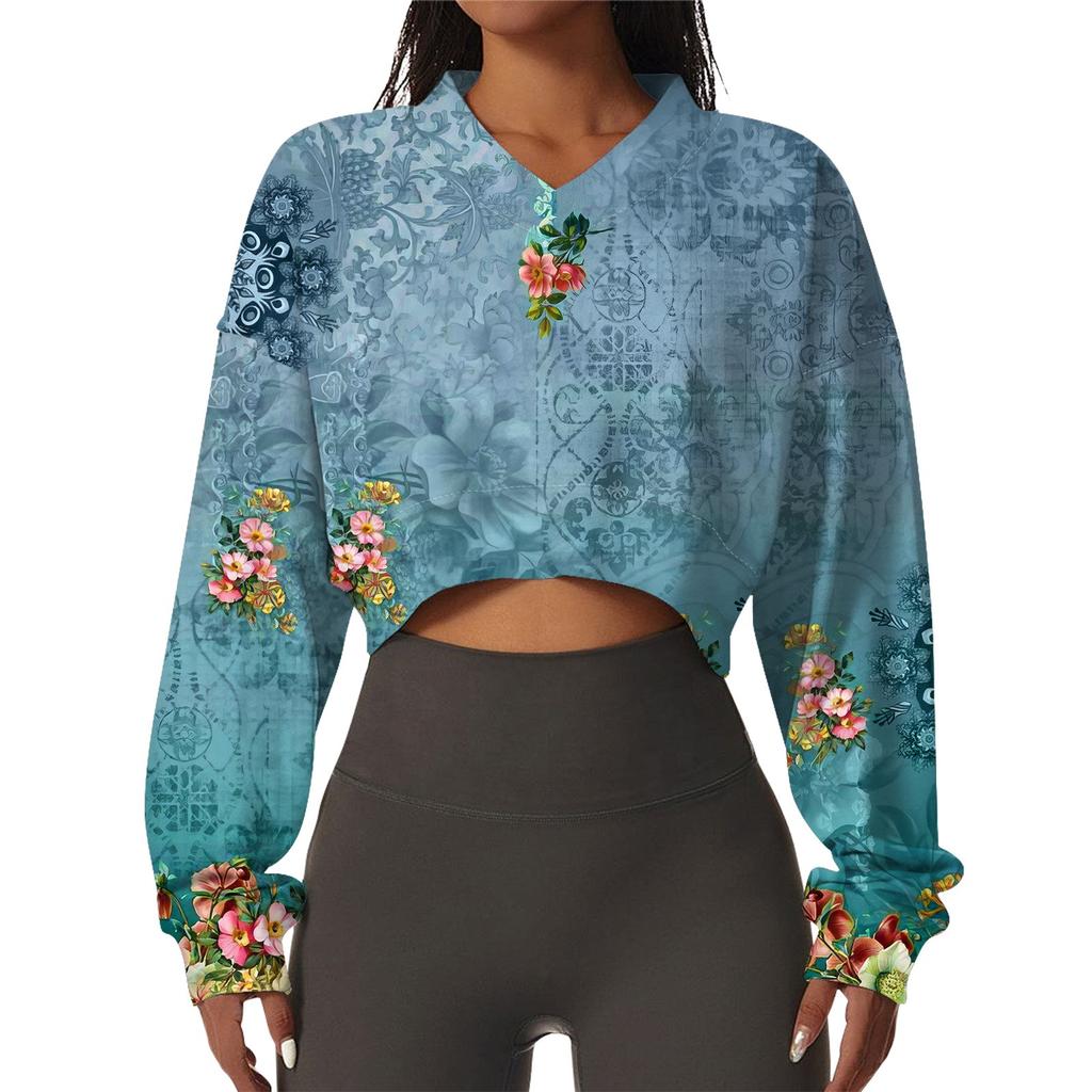 Женская повседневная модная сексуальная удобная спортивная толстовка с V-образным вырезом и длинным рукавом с цветочным принтом