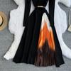 Elegant Knitted Stitching Women Dress Contracted Temperament Round Collar Gradient Color Slim In Long Skirt Female