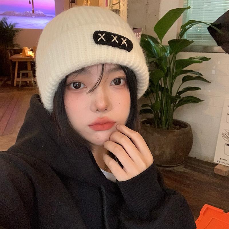 Black Knitted Hat Women's Autumn and Winter Mohair Big Head Circumference Wool Hat Shows the Face, Cute and Versatile