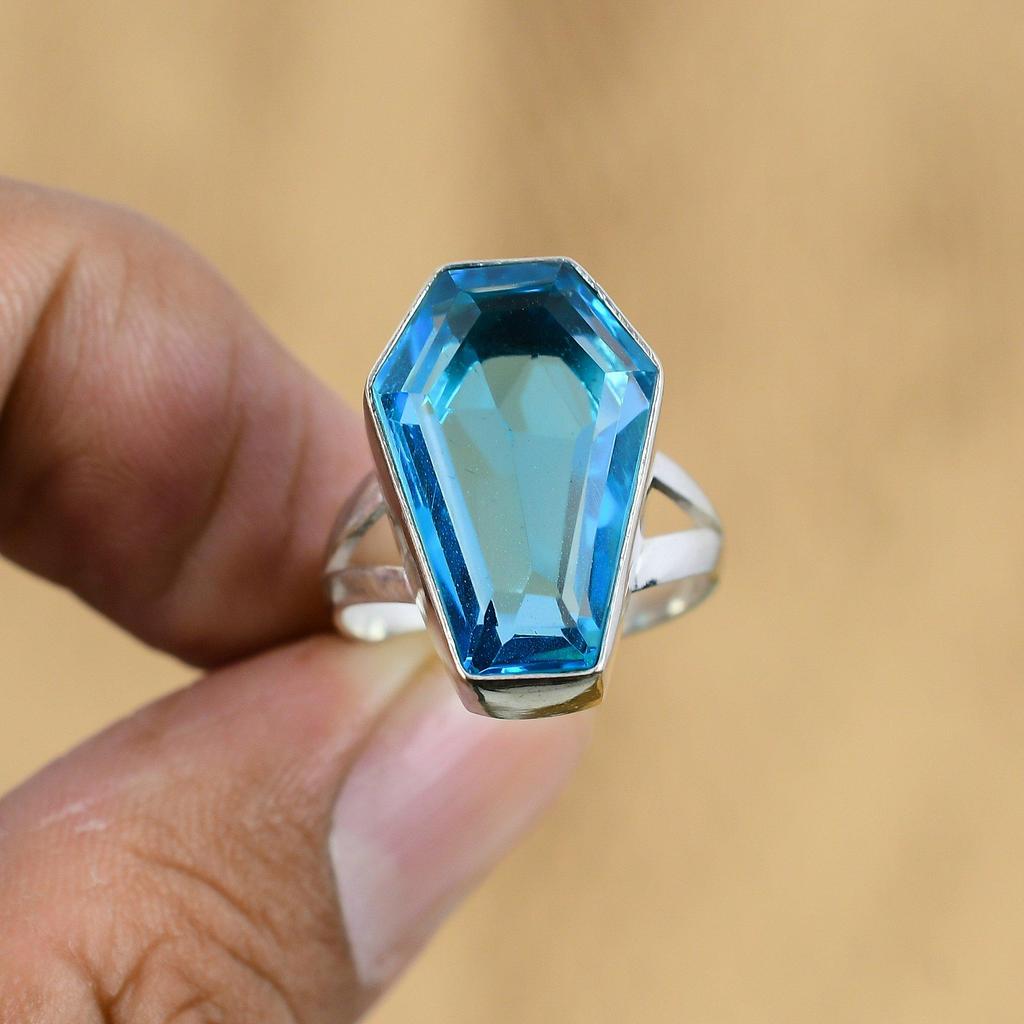 Swiss Blue Topaz Gemstone 925 Silver New Coffin Handcrafted Ring Jewelry Size 8