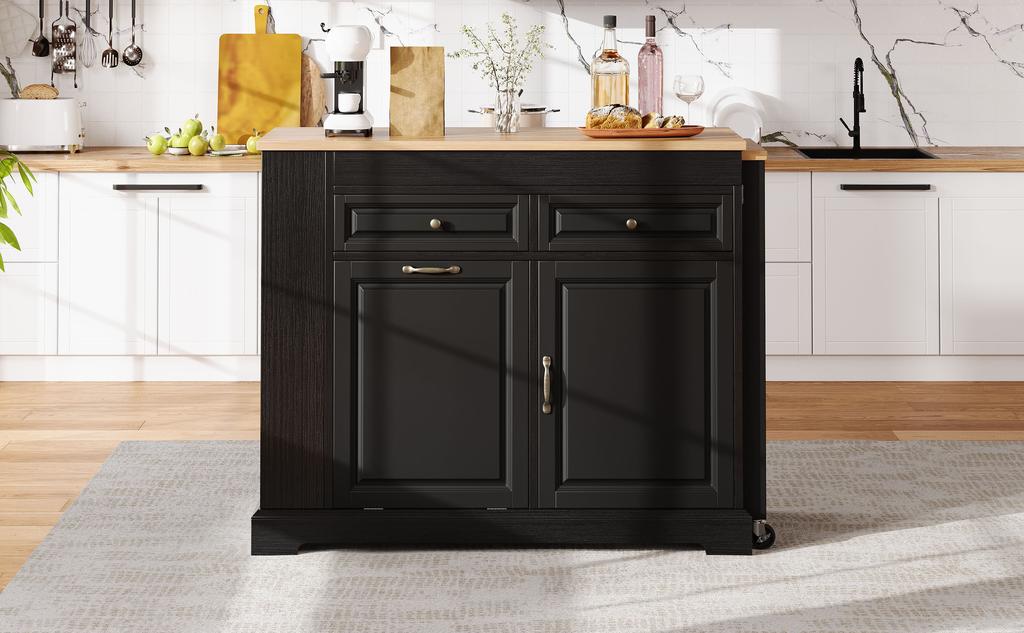 Kitchen Island on Casters, Extendable Dining Area with Waste Bin Compartment and Drawers, Freestanding, Ideal for Kitchen and Dining Room (Black)