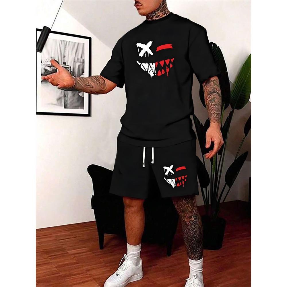 Summer Everyday Casual Men's Short Sleeve Shorts Set Colorful Bear Print Men's T-shirt And Colorful Graffiti Print Shorts Set