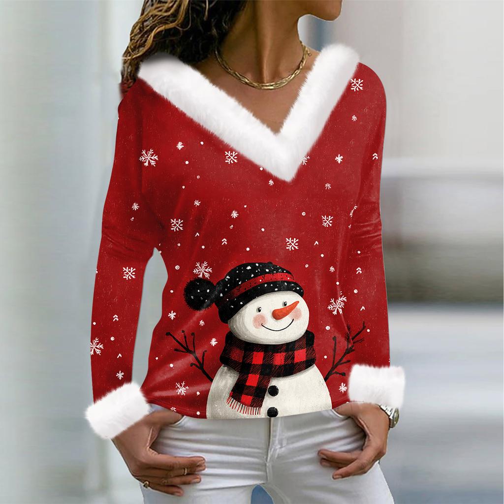 Женская футболка с рождественским принтом, длинный рукав, флисовый воротник, V-образный вырез, футболка