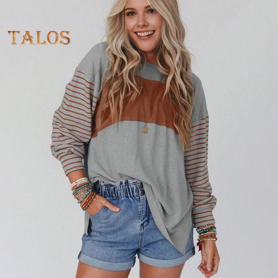 Женская футболка с круглым вырезом и длинным рукавом в полоску контрастного цвета свободного кроя, эластичная дышащая футболка-пуловер