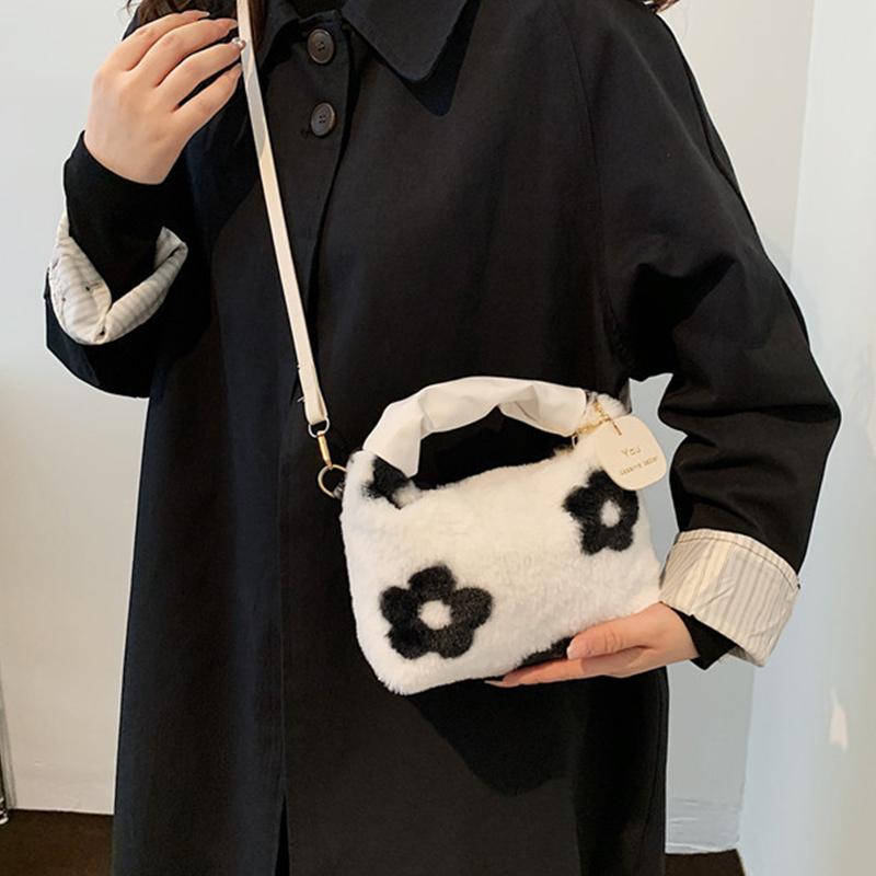 Yogodlns Women Faux Fur Plush Handbags Ruched Handle Small Lady Shoulder Crossbody Bag Casual Half-Moon Hobos Winter Bags for Women