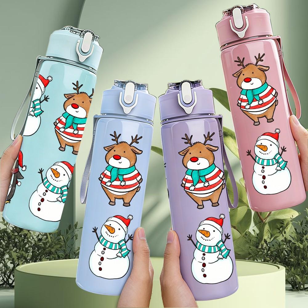 1PC Gingerbread Man Xmas Print 750ml Color Plastic Sports Water Bottle Leakproof Flip Straw Lid Suitable for Sports Office Home Use