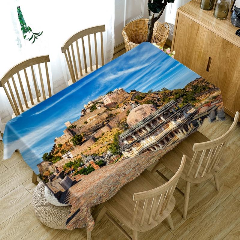 Ancient Castle Building And Fountain Pattern Tablecloth Thicken Cotton Rectangular Round Table Cloth For Wedding Picnic Party