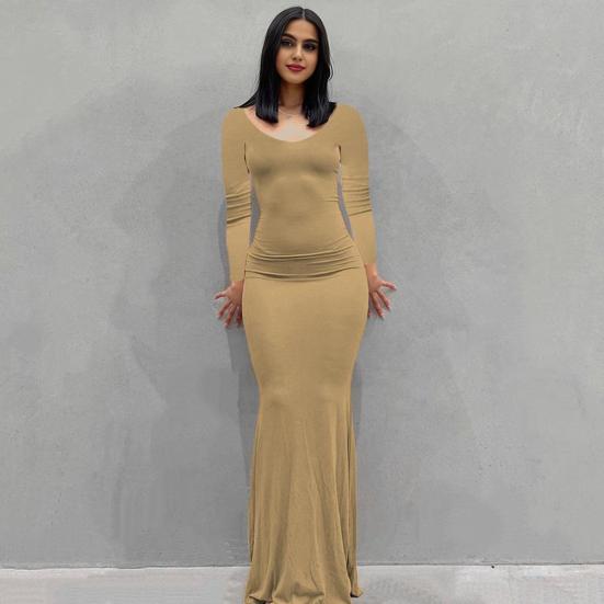 Платье макси с длинным рукавом для женщин, осеннее повседневное платье с круглым вырезом, длинное платье, облегающее фигуру, с драпировкой, коктейльное платье для вечеринки