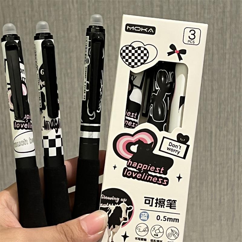 3pcs/set Cute Erasable Click Pen Pastel Kawaii Press 0.5mm Black Blue Ink Pen with Soft Grip Peach Juice Color Study Supplies