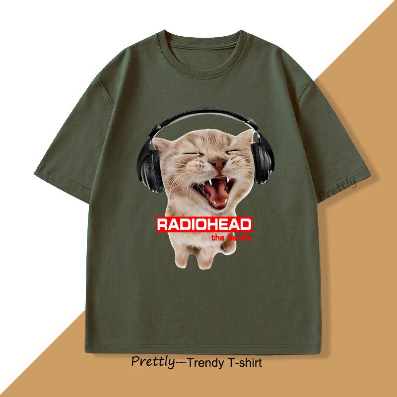 Cat with Headphones Radiohead Tshirt Cute Cat Rock T Shirt Men Women Vintage Cotton Short Sleeve Round Neck Tshirt Streetwear