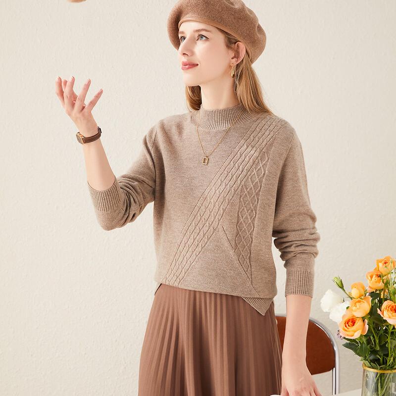 TUHUANG Women's Pure Wool Cable Knit Half-Turtleneck Sweater