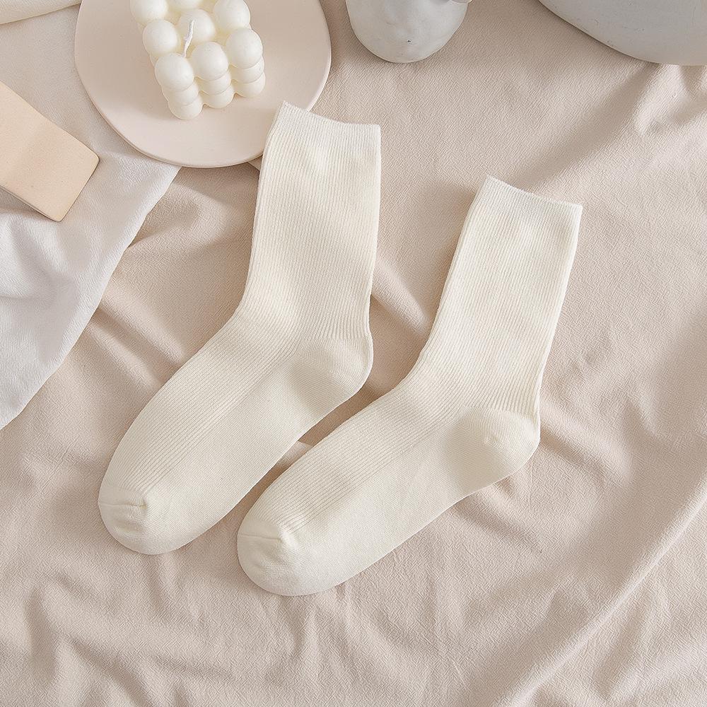 Кремово-белые вертикальные полосатые носки средней длины для женщин - весна/осень в японском стиле, универсальные однотонные носки JK