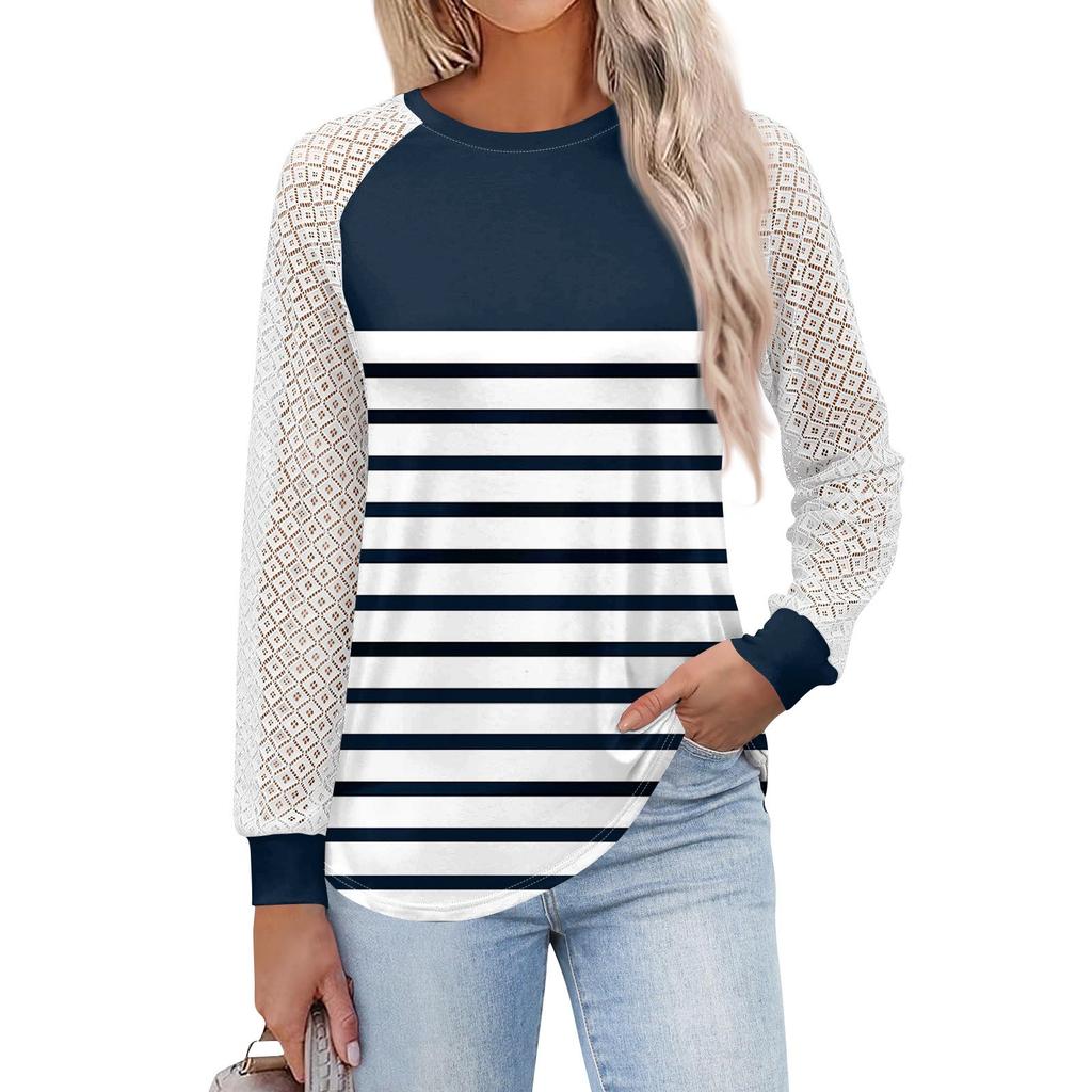 Женские футболки с длинным рукавом, топы с круглым вырезом и кружевом, повседневные блузки, модные топы