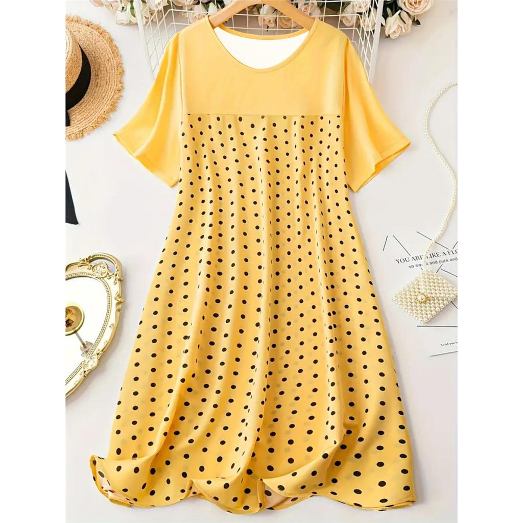 Damska piżama sukienka z krótkim rękawem z okrągłym dekoltem w kropki Wygodna sukienka