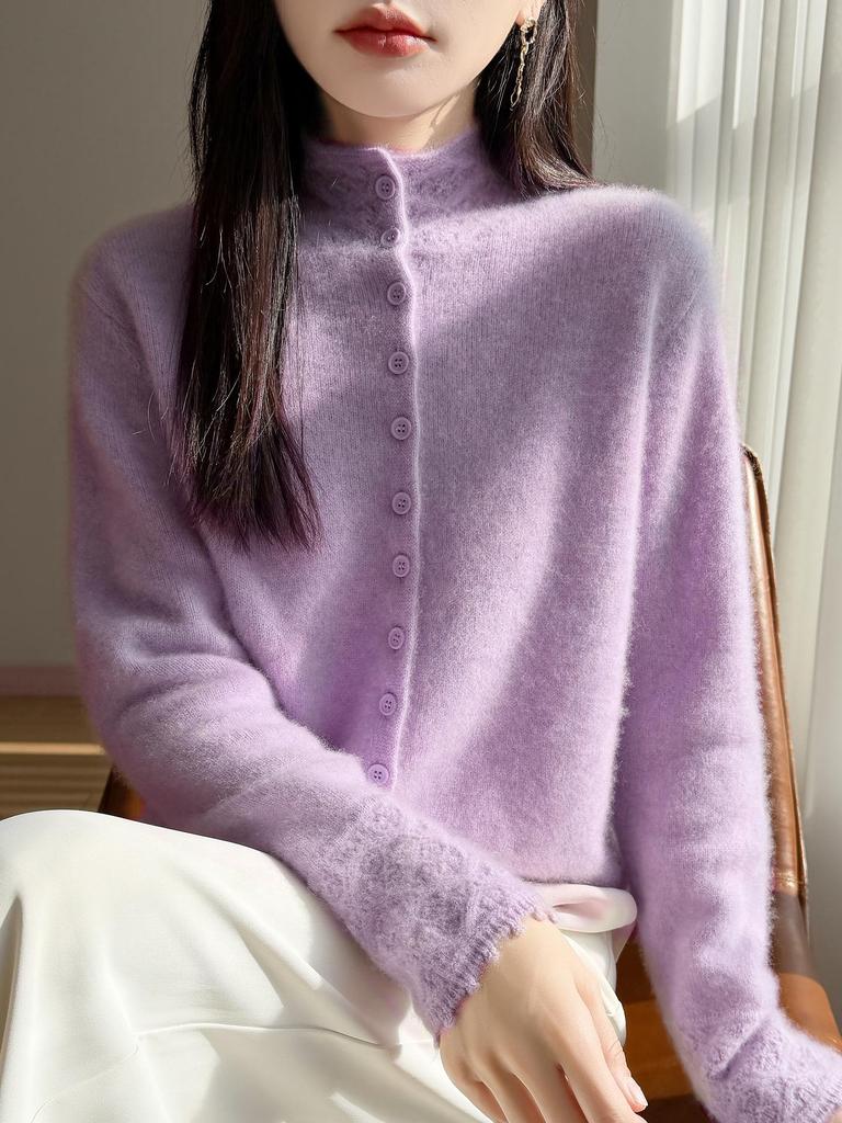 Women's Velvet Cardigan: Cozy Half-High Collar, Loose Fit, Versatile Winter Sweater.