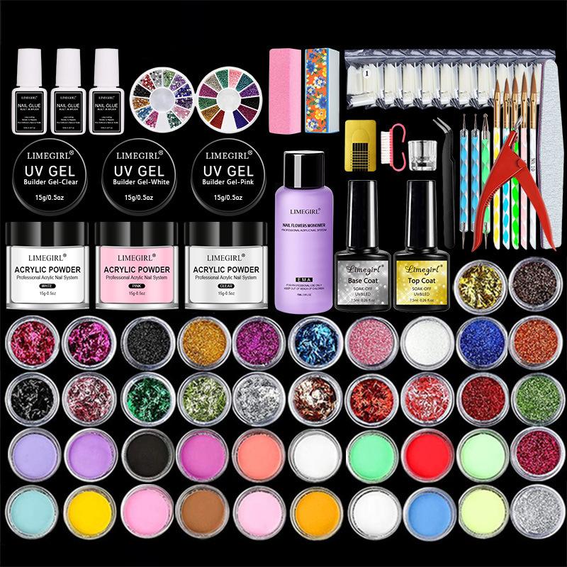Acrylic Powder Nail Art Kit Full Set 42 Colors Glitter Nail Clipper Tool Home Manicure Set