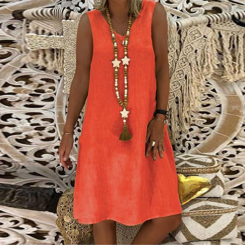 Женское летнее повседневное однотонное свободное платье без рукавов с v-образным вырезом