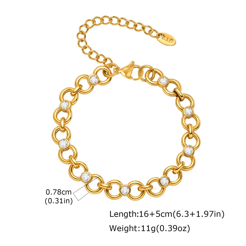 Women's Fashion Exquisite Zircon Handmade Round Chain Bracelet, 18K Gold-plated Stainless Steel Wristband, Luxury Jewelry Gift