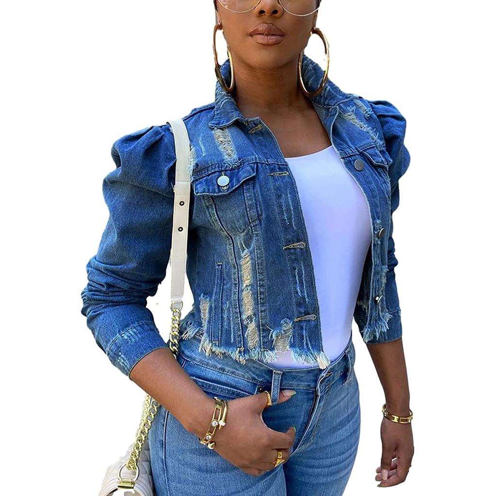 (SU)Fashion Women's Solid Button Wear Out Long Puff Sleeve Denim Jacket Coat