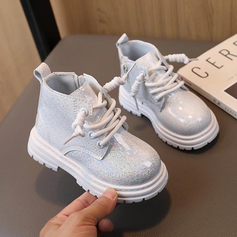 2024 Новые Ботильоны для Девочек, Блестящие Розовые Универсальные Туфли Принцессы, Детские Модные Повседневные Ботинки, Боковая Молния, Детская Обувь, Прямая Поставка