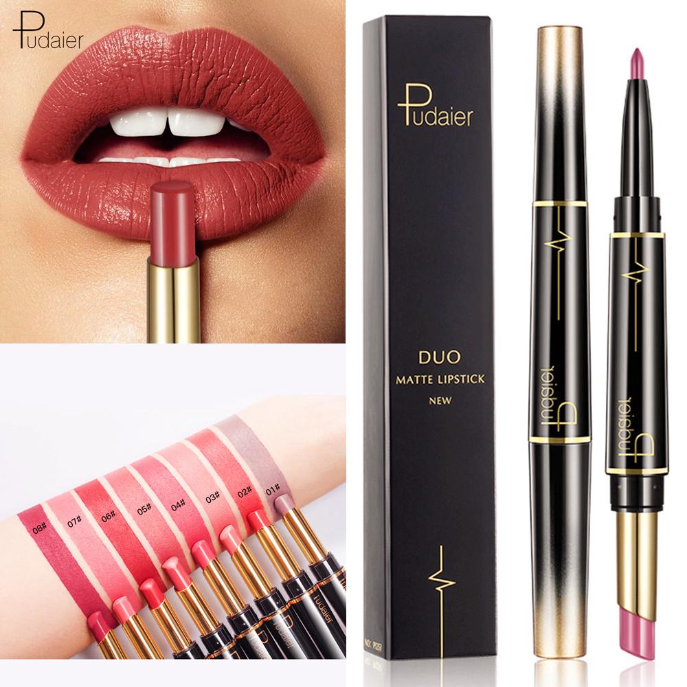 Double-Ended Matte Lipstick Waterproof Long-Lasting Lipsticks In Nude and Dark Red with Lip Liner Pencil