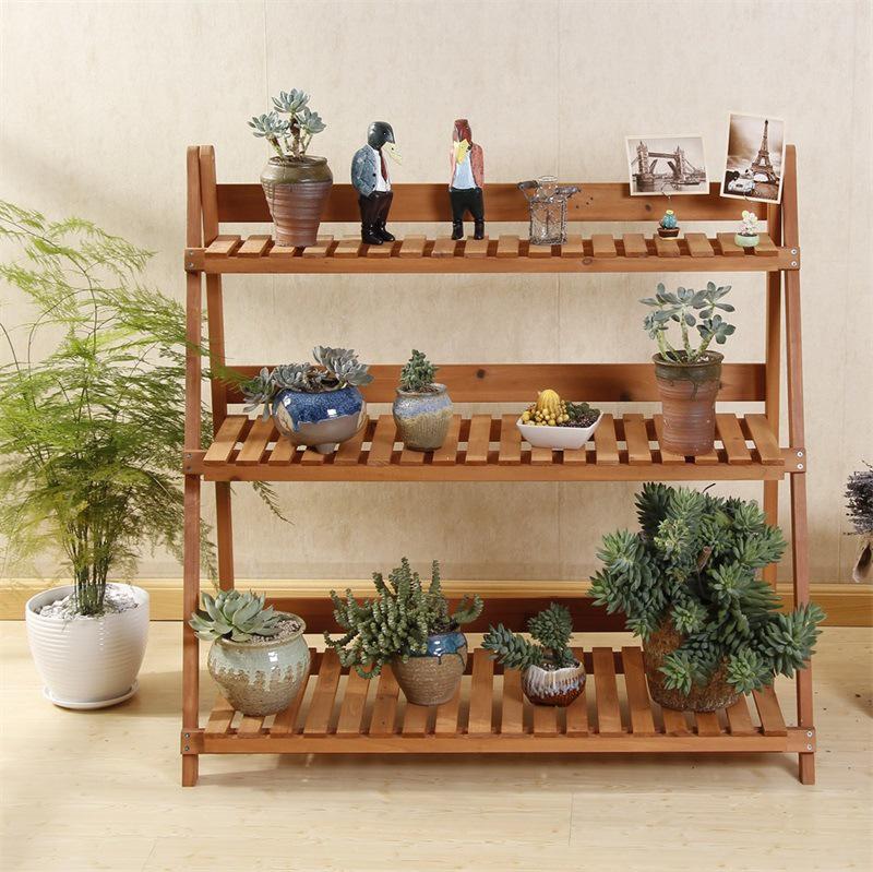 Extra Long Foldable Three-Tier Solid Wood Shelf for Plants, Books, Groceries, DVDs, & More