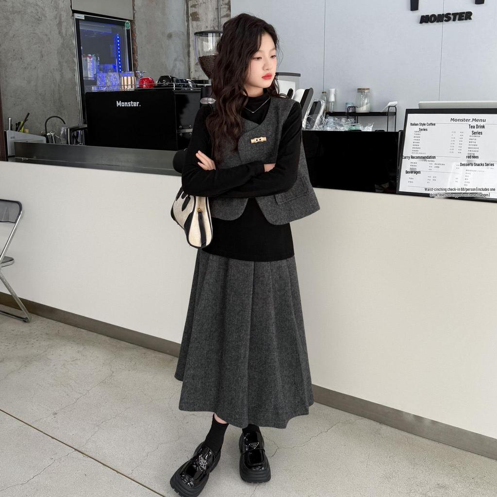 Стильный серый комплект из жилета и юбки для девочек на весну/осень 2025 года