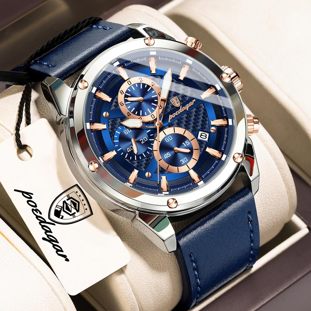 POEDAGAR High Quality Quartz Man Clock Waterproof Luminous Chronograph Date Men Wristwatch Leather Luxury Business Men's Watches