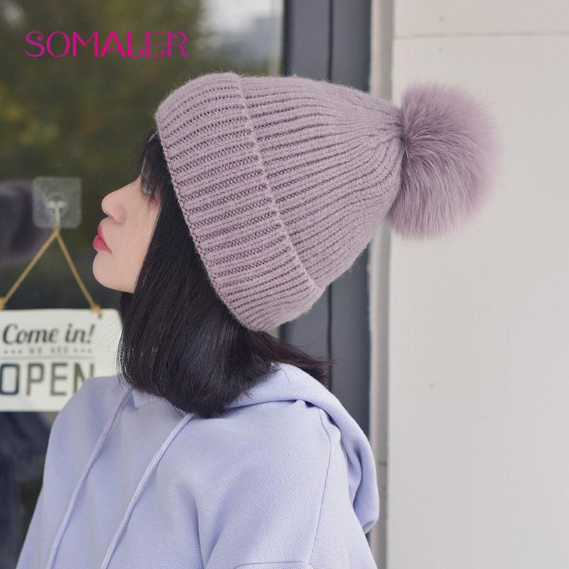 SOMALER Зимняя вязаная шерстяная шапка с меховым помпоном для девочек, женская модная пушистая теплая шапка-бини с манжетами и помпоном, женская осенне-осенняя повседневная кепка