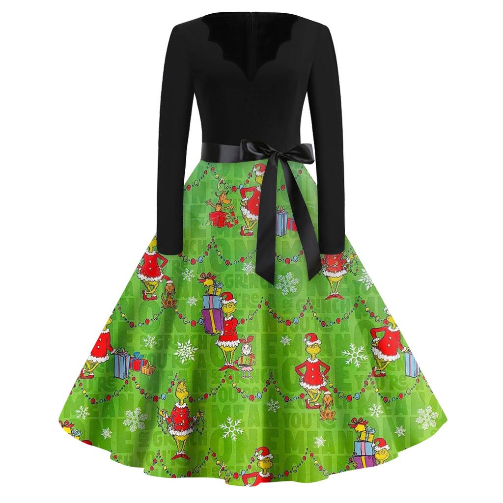 Women's Fashion V-neck Casual Slim-fit Christmas Print Long-sleeved Dress