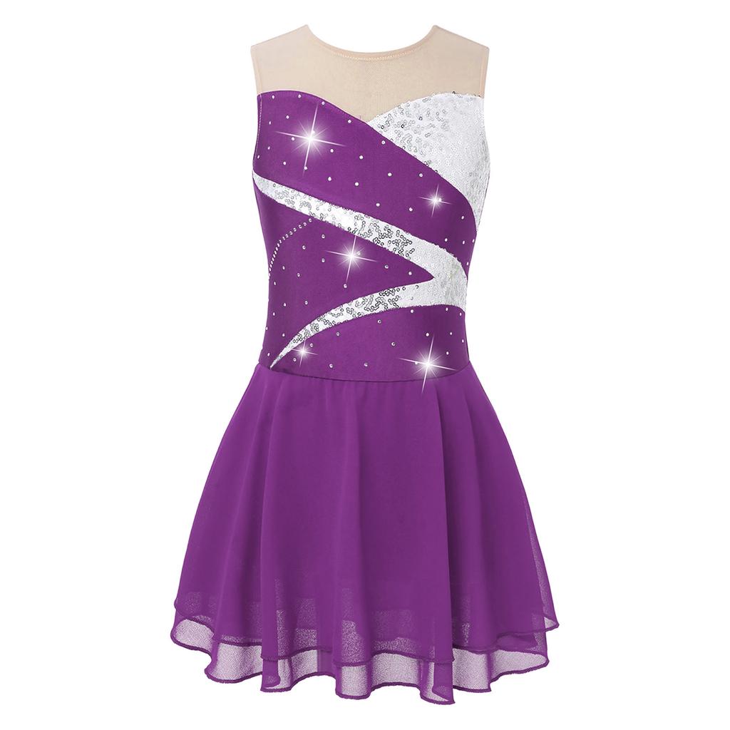 Girls Sparkly Sequined Dance Dress Sleeveless Round Neck Patchwork Hollow Back Design for Ice Skating